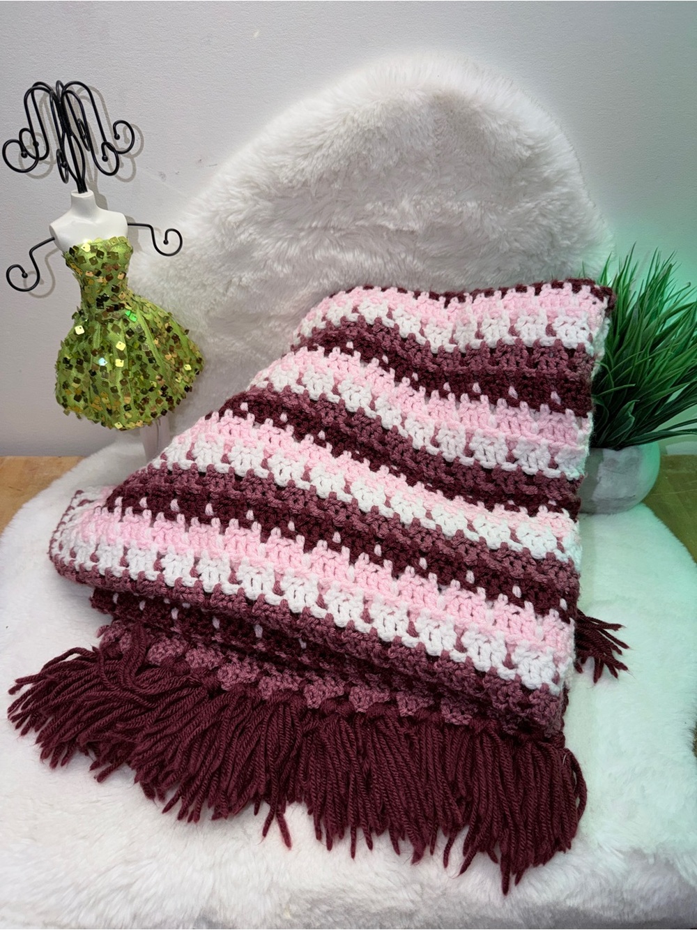 Handmade Crochet Throw Blanket in Burgundy, Pink & White Grandmacore Cottagecore